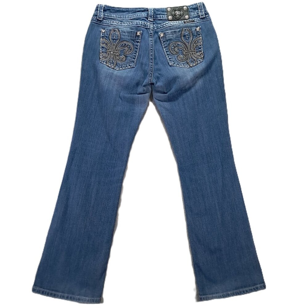 Miss Me Jean Women 33x32, Tag 31x33 Easy Boot Blue Denim Distressed Embellished